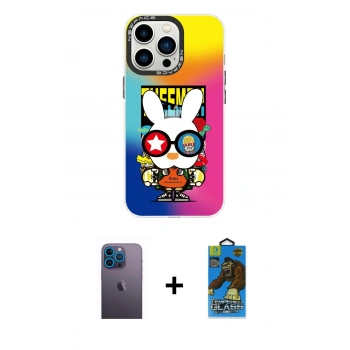 MARSİLYAN™- iPhone 13 Pro Max Kılıf Siluet Çizgi Koleksiyonu - Siyah 18D Cam Ekran Koruyucu + Neon Fosforlu Kamera Lens - MI