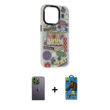 MARSİLYAN™- iPhone 13 Pro Max Kılıf Siluet Çizgi Koleksiyonu - Siyah 18D Cam Ekran Koruyucu + Neon Fosforlu Kamera Lens - YL