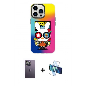 MARSİLYAN™- iPhone 13 Pro Max Kılıf Siluet Çizgi Koleksiyonu - Siyah 3D Antistatik Cam Ekran Koruyucu + Neon Fosforlu Kamera Lens - BZ
