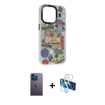 MARSİLYAN™- iPhone 13 Pro Max Kılıf Siluet Çizgi Koleksiyonu - Siyah 3D Antistatik Cam Ekran Koruyucu + Neon Fosforlu Kamera Lens - MI