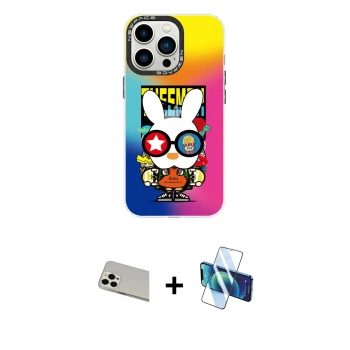 MARSİLYAN™- iPhone 13 Pro Max Kılıf Siluet Çizgi Koleksiyonu - Siyah 3D Antistatik Cam Ekran Koruyucu + Rainbow Kamera Lens Koruma Cam - BZ