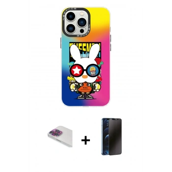 MARSİLYAN™- iPhone 13 Pro Max Kılıf Siluet Çizgi Koleksiyonu - Siyah 3D Antistatik Hayalet Cam Ekran Koruyucu + Pers Alüminyum Kamera Lens - GI