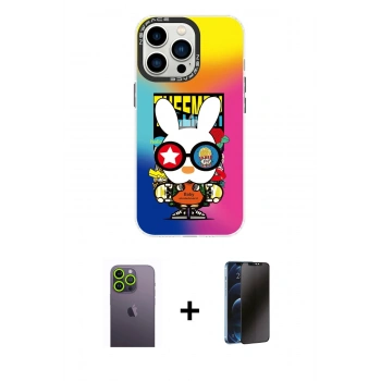MARSİLYAN™- iPhone 13 Pro Max Kılıf Siluet Çizgi Koleksiyonu - Siyah 3D Antistatik Hayalet Cam Ekran Koruyucu + Neon Fosforlu Kamera Lens - YL