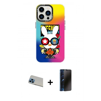 MARSİLYAN™- iPhone 13 Pro Max Kılıf Siluet Çizgi Koleksiyonu - Siyah 3D Antistatik Hayalet Cam Ekran Koruyucu + Rainbow Kamera Lens Koruma Cam - MI
