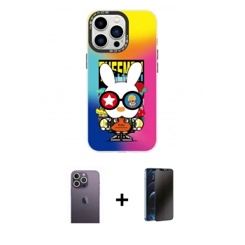 MARSİLYAN™- iPhone 13 Pro Max Kılıf Siluet Çizgi Koleksiyonu - Siyah 3D Antistatik Hayalet Cam Ekran Koruyucu + Neon Fosforlu Kamera Lens - BZ