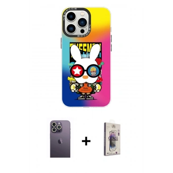 MARSİLYAN™- iPhone 13 Pro Max Kılıf Siluet Çizgi Koleksiyonu - Siyah Bilvis 3D Cam Ekran Koruyucu + Neon Fosforlu Kamera Lens - BZ