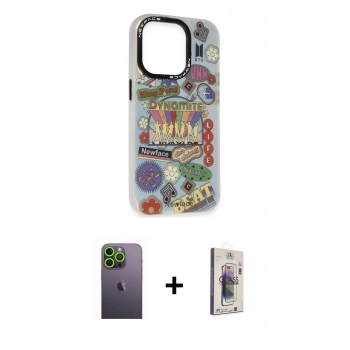 MARSİLYAN™- iPhone 13 Pro Max Kılıf Siluet Çizgi Koleksiyonu - Siyah Bilvis 3D Cam Ekran Koruyucu + Neon Fosforlu Kamera Lens - YL