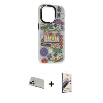MARSİLYAN™- iPhone 13 Pro Max Kılıf Siluet Çizgi Koleksiyonu - Siyah Bilvis 3D Mat Cam Ekran Koruyucu + Rainbow Kamera Lens Koruma Cam - REGD