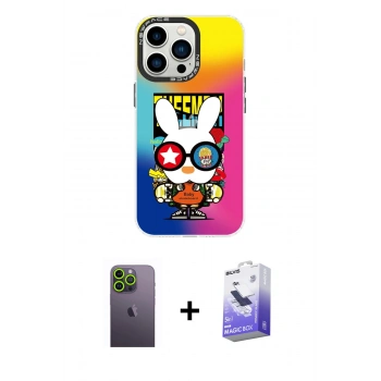 MARSİLYAN™- iPhone 13 Pro Max Kılıf Siluet Çizgi Koleksiyonu - Siyah Bilvis 5in1 5D Magic Hayalet Cam Ekran Koruyucu + Neon Fosforlu Kamera Lens - YL