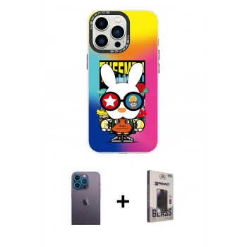 MARSİLYAN™- iPhone 13 Pro Max Kılıf Siluet Çizgi Koleksiyonu - Siyah Bilvis Hayalet Cam Ekran Koruyucu + Neon Fosforlu Kamera Lens - MI