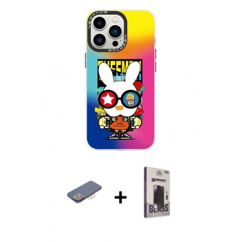 MARSİLYAN™- iPhone 13 Pro Max Kılıf Siluet Çizgi Koleksiyonu - Siyah Bilvis Hayalet Cam Ekran Koruyucu + Renkli Kamera Lens Koruma Cam - PE