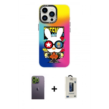 MARSİLYAN™- iPhone 13 Pro Max Kılıf Siluet Çizgi Koleksiyonu - Siyah Bilvis Hayalet Cam Ekran Koruyucu + Neon Fosforlu Kamera Lens - YL
