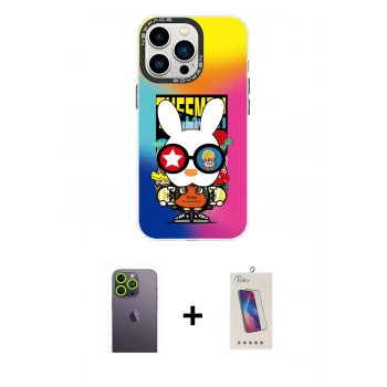 MARSİLYAN™- iPhone 13 Pro Max Kılıf Siluet Çizgi Koleksiyonu - Siyah Joko 5D Cam + Neon Fosforlu Kamera Lens - YL