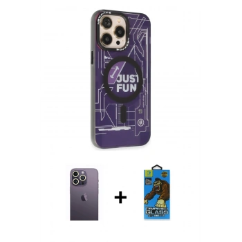 MARSİLYAN™- iPhone 13 Pro Max Kılıf Siluet Modern Koleksiyonu - Siyah 18D Cam Ekran Koruyucu + Neon Fosforlu Kamera Lens - BZ