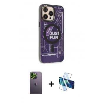 MARSİLYAN™- iPhone 13 Pro Max Kılıf Siluet Modern Koleksiyonu - Siyah 3D Antistatik Cam Ekran Koruyucu + Neon Fosforlu Kamera Lens - YL