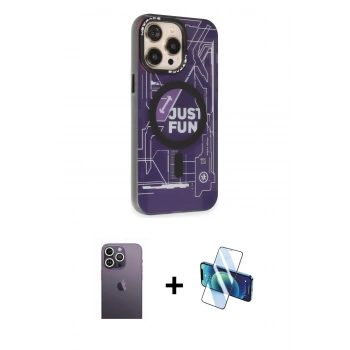 MARSİLYAN™- iPhone 13 Pro Max Kılıf Siluet Modern Koleksiyonu - Siyah 3D Antistatik Cam Ekran Koruyucu + Neon Fosforlu Kamera Lens - BZ