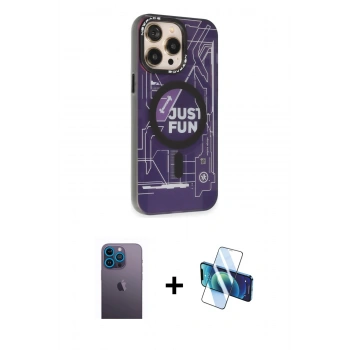 MARSİLYAN™- iPhone 13 Pro Max Kılıf Siluet Modern Koleksiyonu - Siyah 3D Antistatik Cam Ekran Koruyucu + Neon Fosforlu Kamera Lens - MI