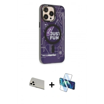 MARSİLYAN™- iPhone 13 Pro Max Kılıf Siluet Modern Koleksiyonu - Siyah 3D Antistatik Cam Ekran Koruyucu + Rainbow Kamera Lens Koruma Cam - BZ