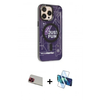 MARSİLYAN™- iPhone 13 Pro Max Kılıf Siluet Modern Koleksiyonu - Siyah 3D Antistatik Cam Ekran Koruyucu + Rainbow Kamera Lens Koruma Cam - KI