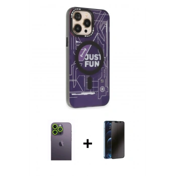 MARSİLYAN™- iPhone 13 Pro Max Kılıf Siluet Modern Koleksiyonu - Siyah 3D Antistatik Hayalet Cam Ekran Koruyucu + Neon Fosforlu Kamera Lens - YL