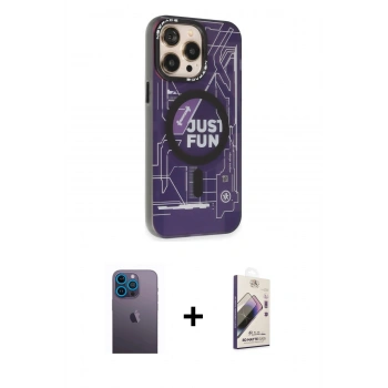 MARSİLYAN™- iPhone 13 Pro Max Kılıf Siluet Modern Koleksiyonu - Siyah Bilvis 3D Mat Cam Ekran Koruyucu + Neon Fosforlu Kamera Lens - MI