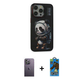 MARSİLYAN™- iPhone 13 Pro Max Kılıf Siluet Modern Özel Seri - Siyah 18D Cam Ekran Koruyucu + Neon Fosforlu Kamera Lens - BZ