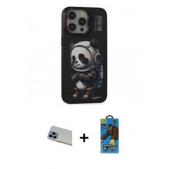 MARSİLYAN™- iPhone 13 Pro Max Kılıf Siluet Modern Özel Seri - Siyah 18D Cam Ekran Koruyucu + Rainbow Kamera Lens Koruma Cam - MI