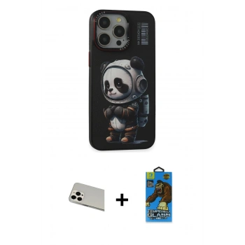 MARSİLYAN™- iPhone 13 Pro Max Kılıf Siluet Modern Özel Seri - Siyah 18D Cam Ekran Koruyucu + Rainbow Kamera Lens Koruma Cam - BZ