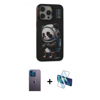 MARSİLYAN™- iPhone 13 Pro Max Kılıf Siluet Modern Özel Seri - Siyah 3D Antistatik Cam Ekran Koruyucu + Neon Fosforlu Kamera Lens - MI