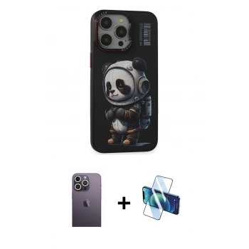 MARSİLYAN™- iPhone 13 Pro Max Kılıf Siluet Modern Özel Seri - Siyah 3D Antistatik Cam Ekran Koruyucu + Neon Fosforlu Kamera Lens - BZ
