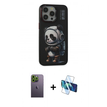 MARSİLYAN™- iPhone 13 Pro Max Kılıf Siluet Modern Özel Seri - Siyah 3D Antistatik Cam Ekran Koruyucu + Neon Fosforlu Kamera Lens - YL