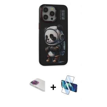 MARSİLYAN™- iPhone 13 Pro Max Kılıf Siluet Modern Özel Seri - Siyah 3D Antistatik Cam Ekran Koruyucu + Pers Alüminyum Kamera Lens - GI
