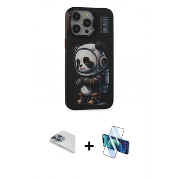 MARSİLYAN™- iPhone 13 Pro Max Kılıf Siluet Modern Özel Seri - Siyah 3D Antistatik Cam Ekran Koruyucu + Pers Alüminyum Kamera Lens - SABE