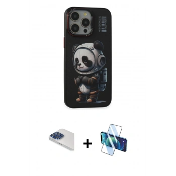MARSİLYAN™- iPhone 13 Pro Max Kılıf Siluet Modern Özel Seri - Siyah 3D Antistatik Cam Ekran Koruyucu + Pers Alüminyum Kamera Lens - LT
