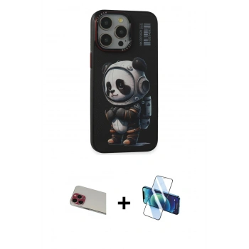 MARSİLYAN™- iPhone 13 Pro Max Kılıf Siluet Modern Özel Seri - Siyah 3D Antistatik Cam Ekran Koruyucu + Rainbow Kamera Lens Koruma Cam - KI