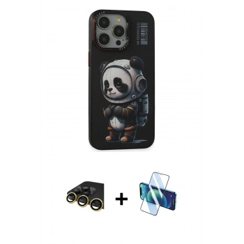 MARSİLYAN™- iPhone 13 Pro Max Kılıf Siluet Modern Özel Seri - Siyah 3D Antistatik Cam Ekran Koruyucu + Raze Metal Kamera Lens - GD