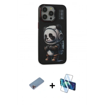 MARSİLYAN™- iPhone 13 Pro Max Kılıf Siluet Modern Özel Seri - Siyah 3D Antistatik Cam Ekran Koruyucu + Shine Kamera Lens Koruma Cam - PE