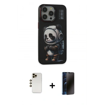 MARSİLYAN™- iPhone 13 Pro Max Kılıf Siluet Modern Özel Seri - Siyah 3D Antistatik Hayalet Cam Ekran Koruyucu + Shine Kamera Lens - GD