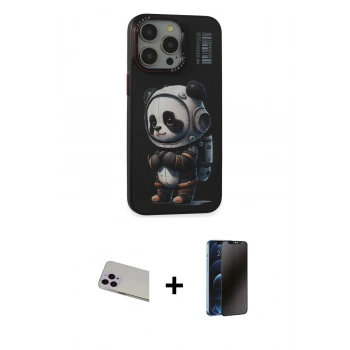 MARSİLYAN™- iPhone 13 Pro Max Kılıf Siluet Modern Özel Seri - Siyah 3D Antistatik Hayalet Cam Ekran Koruyucu + Rainbow Kamera Lens Koruma Cam - MR