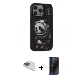 MARSİLYAN™- iPhone 13 Pro Max Kılıf Siluet Modern Özel Seri - Siyah 3D Antistatik Hayalet Cam Ekran Koruyucu + Pers Alüminyum Kamera Lens - GI