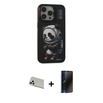 MARSİLYAN™- iPhone 13 Pro Max Kılıf Siluet Modern Özel Seri - Siyah 3D Antistatik Hayalet Cam Ekran Koruyucu + Rainbow Kamera Lens Koruma Cam - BZ