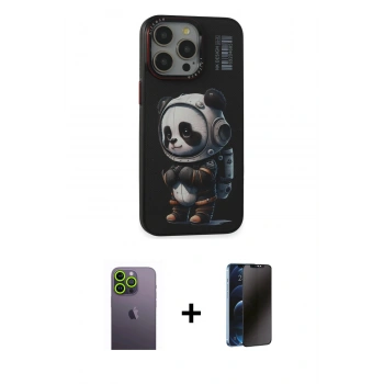 MARSİLYAN™- iPhone 13 Pro Max Kılıf Siluet Modern Özel Seri - Siyah 3D Antistatik Hayalet Cam Ekran Koruyucu + Neon Fosforlu Kamera Lens - YL