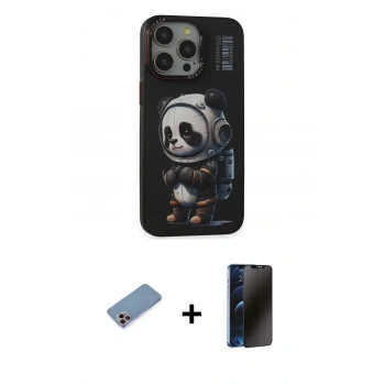 MARSİLYAN™- iPhone 13 Pro Max Kılıf Siluet Modern Özel Seri - Siyah 3D Antistatik Hayalet Cam Ekran Koruyucu + Shine Kamera Lens Koruma Cam - PE