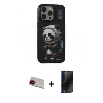 MARSİLYAN™- iPhone 13 Pro Max Kılıf Siluet Modern Özel Seri - Siyah 3D Antistatik Hayalet Cam Ekran Koruyucu + Rainbow Kamera Lens Koruma Cam - KI