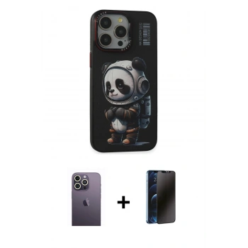 MARSİLYAN™- iPhone 13 Pro Max Kılıf Siluet Modern Özel Seri - Siyah 3D Antistatik Hayalet Cam Ekran Koruyucu + Neon Fosforlu Kamera Lens - BZ