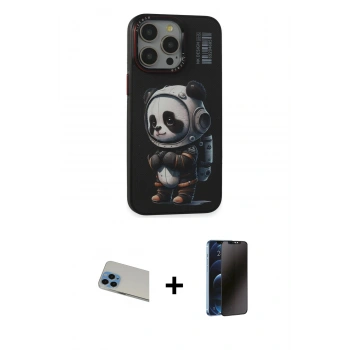 MARSİLYAN™- iPhone 13 Pro Max Kılıf Siluet Modern Özel Seri - Siyah 3D Antistatik Hayalet Cam Ekran Koruyucu + Rainbow Kamera Lens Koruma Cam - MI