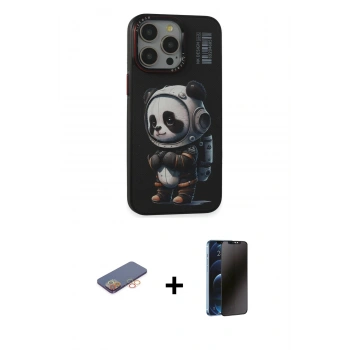 MARSİLYAN™- iPhone 13 Pro Max Kılıf Siluet Modern Özel Seri - Siyah 3D Antistatik Hayalet Cam Ekran Koruyucu + Renkli Kamera Lens Koruma Cam - TU