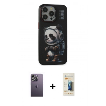 MARSİLYAN™- iPhone 13 Pro Max Kılıf Siluet Modern Özel Seri - Siyah 6D Mat Seramik Hayalet Nano Ekran Koruyucu + Neon Fosforlu Kamera Lens - BZ