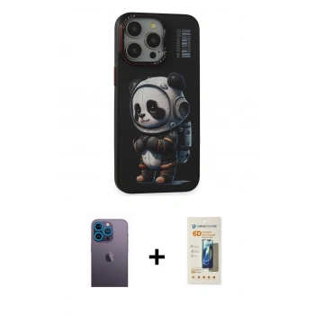 MARSİLYAN™- iPhone 13 Pro Max Kılıf Siluet Modern Özel Seri - Siyah 6D Mat Seramik Hayalet Nano Ekran Koruyucu + Neon Fosforlu Kamera Lens - MI