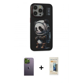 MARSİLYAN™- iPhone 13 Pro Max Kılıf Siluet Modern Özel Seri - Siyah 6D Mat Seramik Hayalet Nano Ekran Koruyucu + Neon Fosforlu Kamera Lens - YL